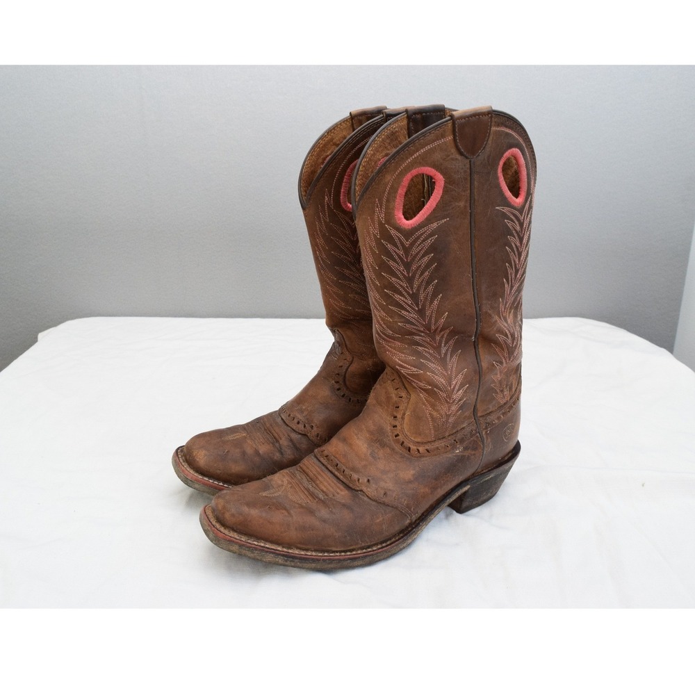 Ariat Heritage Rancher Cowboy Boots 7.5 Brown Pink Leather Western Square Toe